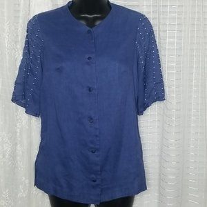 Vintage Midcentury Blue Cotton Short Sleeved Button Up Blouse W/ Embroidery SzS